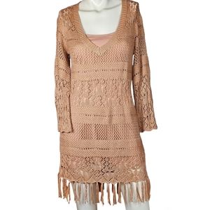 Gentle Fawn Nude Bell Sleeve Crochet Mini Dress with Fringe, NWT, size Small
